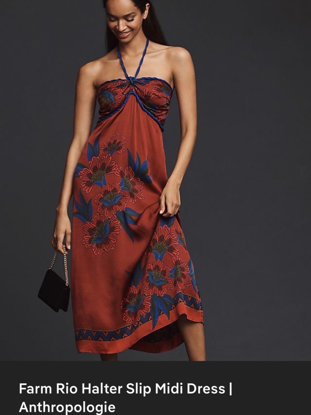 Farm Rio Satin Halter Slip Midi dress with Blue Floral Trim